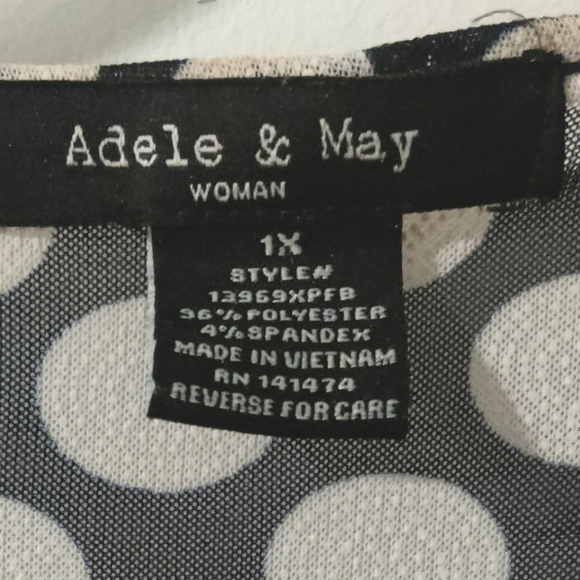Adele & May sheer short sleeved navy blue & white dots shirt 1X - Picture 3 of 7